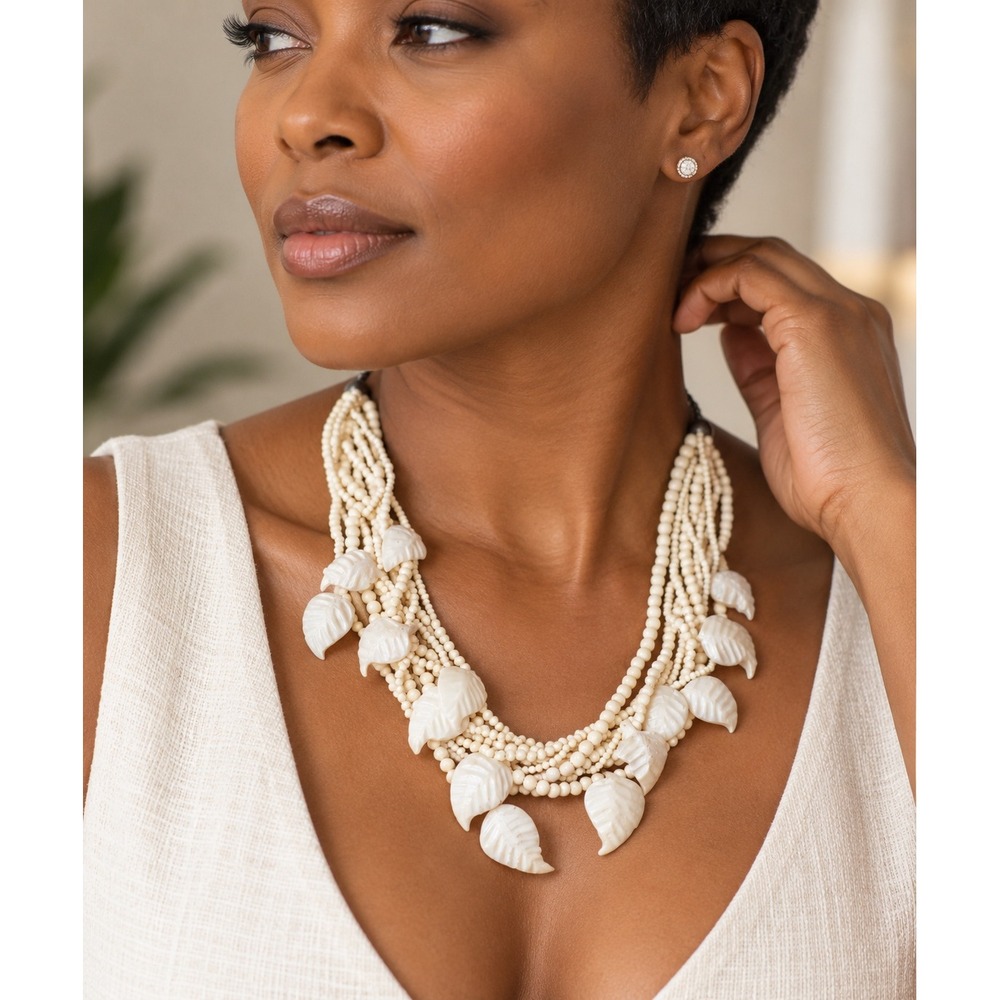 Vintage Style Multi Strand Cream Beaded Leaf Statement Bib Necklace Ivory
